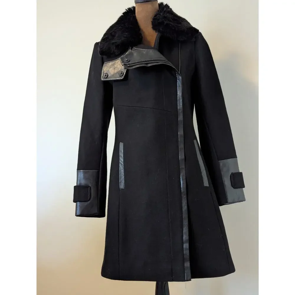 Via Spiga Wool Faux Fur Asymmetrical Full Zip Black Long Coat Jacket Sz 2 - Picture 2 of 11